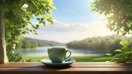 An artistic interpretation of a scenic outdoor area featuring a cup of herbal tea, set against a backdrop of serene nature with vibrant greenery and gentle sunlight filtering through the leaves. The a - Powered by Adobe