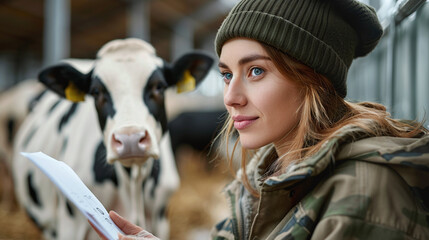 close-up of female veterinarian doctor taking notes on card about animals, cows in the background