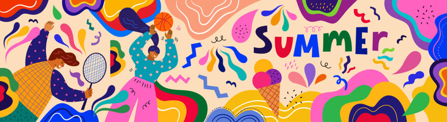 Colorful summer vector banner with people doing sports. An illustration showing summer sports activities: volleyball and badminton. People playing outdoors. Summer time concept design © moleskostudio