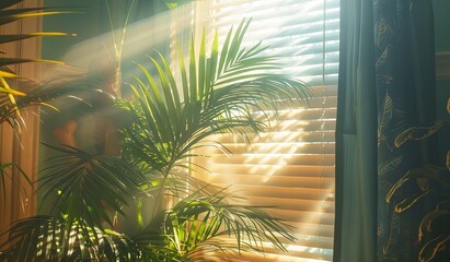 Sun shines through blinds of a window