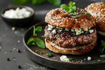 lamb burger with feta and mint on stoneware plate food photography