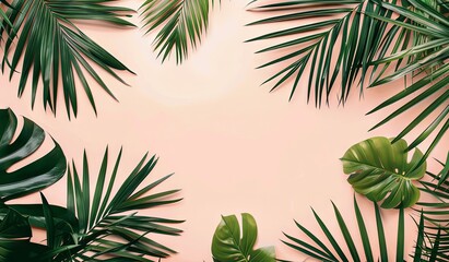 Obraz premium Group of palm leaves on pink background