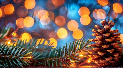   A pine cone atop a pine tree, beside another with Christmas lights in the background