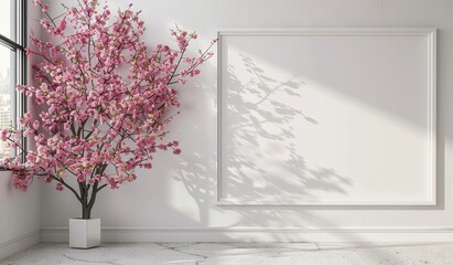 Cherry blossom in a vase on the windowsill, the shadow of the plant on the white wall. The concept of tranquility and spring mood.
