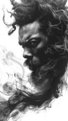 A man with a beard and dreadlocks is covered in smoke, AI