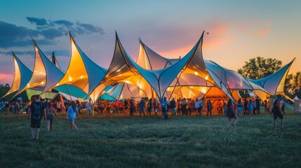 Crowd of people gathered around a tent in an outdoor event or festival.