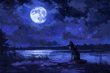 lone wolfs moonlit vigil a starry night horizon digital painting - obrazy, fototapety, plakaty