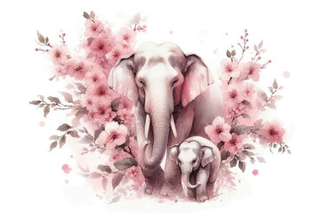 AI generated illustration of a mother elephant and little baby elephant surrounded by pink flowers
