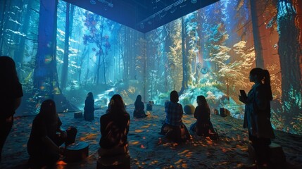 Several individuals stand together in front of a dense forest filled with tall trees, showcasing the beauty of nature.