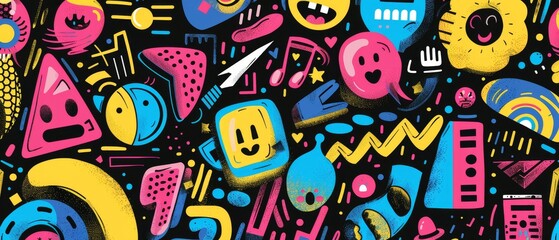 A playful pattern of geometric shapes with emojis or pop culture references