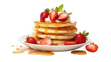 Tempting Pancake Stack with Fresh Strawberries, Apple Slices, and Honey on Transparent Background – Delicious Breakfast or Brunch Option for Health
