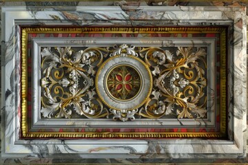 Lavish antique baroque, barocco ornate marble ceiling non linear reformation design. elaborate ceiling with intricate accents depicting classic elegance and architectural beauty