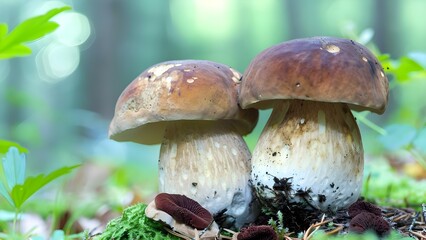 Closeup of two edible porcini mushrooms growing in a forest. Concept Nature, Mushrooms, Closeup Photography, Forest, Edible Fungi