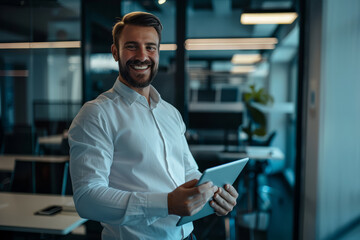 A smiling, busy young Caucasian business man entrepreneur is standing in his office at work, immersed in a tablet. The happy male professional executive manager is using the tablet computer to review