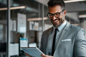 Fototapeta premium A smiling, busy young Caucasian business man entrepreneur is standing in his office at work, immersed in a tablet. The happy male professional executive manager is using the tablet computer to review