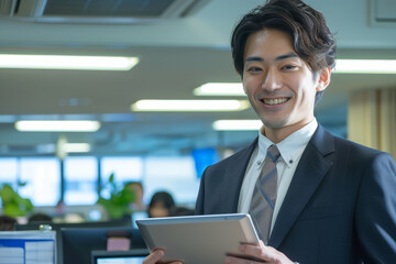 A smiling, busy young Japanese business man entrepreneur is standing in his office at work, utilizing a tablet. The happy male professional executive manager is using the tablet computer to oversee