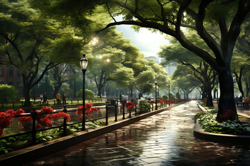 Obraz premium Springtime rainy day park scene with green trees and puddles forming on pathways, showcasing the natural beauty of April showers.