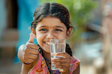 An Indian girl drinks water from a glass and gives a thumbs-up gesture, expressing satisfaction or approval.