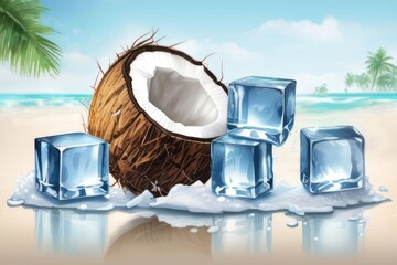 Coconuts and ice cubes on a turquoise background. Summer still life. Banner with copy space, place for text. 