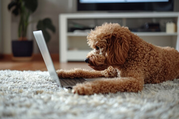 Engaged fluffy Poodle lying on the floor in the living room and examining a wireless laptop screen. Adorable cute big dog intrigued by the modern gadget left at home by the owner.