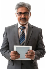 Happy mature Indian businessman using a digital tablet, isolated on a white background. A middle-aged CEO executive in a suit, an older male professional entrepreneur, looking at the camera.