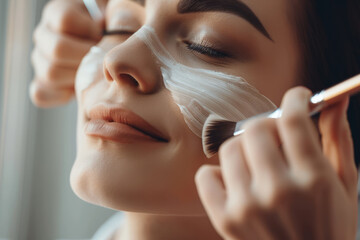 In the serene ambiance of a spa salon, a cosmetologist carefully applies a moisturizing mask to a young, relaxed, and smiling woman using a brush. The close-up portrait captures the peaceful - Powered by Adobe