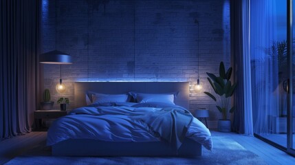 A cozy bedroom bathed in gentle blue night lighting, showcasing a neatly made bed, side lamps, and a plant.