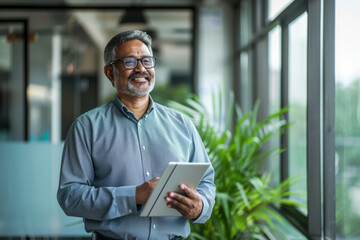 Middle-aged Indian CEO executive businessman looking aside while holding a digital tablet. A mature smiling professional entrepreneur investor contemplating finance trading strategy while standing in