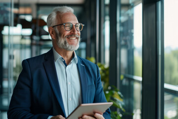 Fototapeta premium Middle-aged CEO executive businessman looking aside while holding a digital tablet. A mature smiling professional entrepreneur investor contemplating finance trading strategy while standing in the
