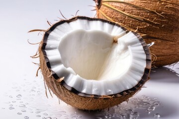 Coconuts and ice cubes on a turquoise background. Summer still life. Banner with copy space, place for text. 