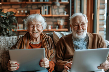 Radiating joy, an elderly couple sits side by side at home, each engrossed in their laptop, symbolizing their shared happiness, technological savvy, and companionship in retirement.