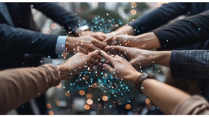 Depict from above telecom executives finalizing a partnership, with hands meeting over strategic plans including network infrastructure diagrams and charts depicting subscriber demographics.