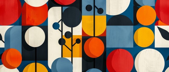 A retro-inspired pattern of geometric shapes in bold, primary colors