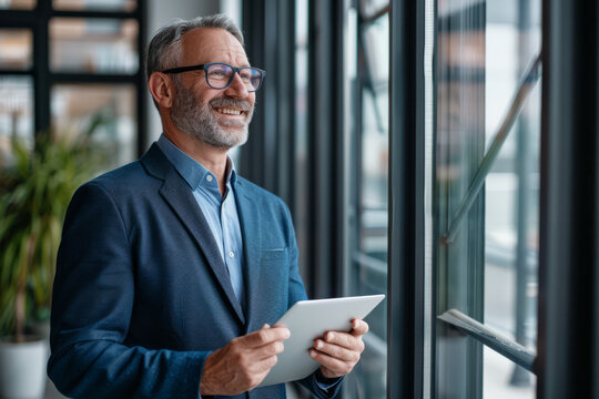 Middle-aged CEO executive businessman looking aside while holding a digital tablet. A mature smiling professional entrepreneur investor contemplating finance trading strategy while standing in the