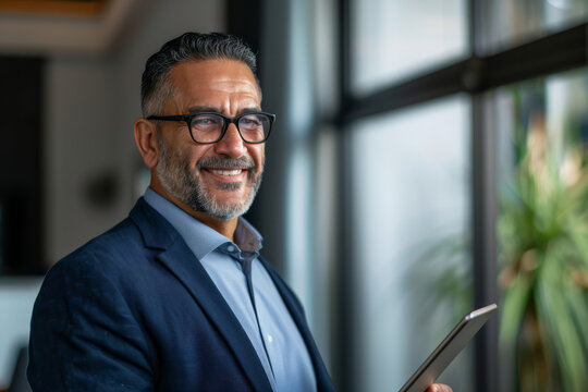 Middle-aged Latino CEO executive businessman looking aside while holding a digital tablet. A mature smiling professional entrepreneur investor contemplating finance trading strategy while standing in