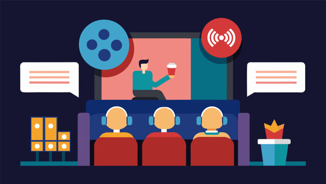 A cinema with opencaptioning and audio description options for individuals with hearing or visual impairments.. Vector illustration