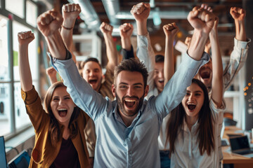 Vibrant energy fills the office as a successful company thrives with happy workers, symbolizing productivity and teamwork.