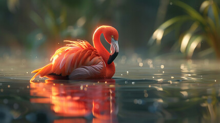 Enhanced by HD technology, a flamingo's reflection shimmers on the tranquil surface of the water.
