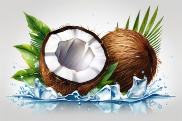 Coconuts, green tropical leaves and water splashes illustration on a white background. Summer still life. Banner with copy space, place for text. 