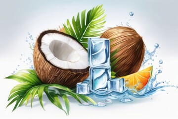 Coconuts, green tropical leaves and ice cubes illustration on a white background. Summer still life. Banner with copy space, place for text. 