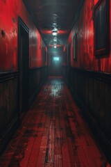 Naklejka premium A long hallway with red walls and windows in a dark room, AI