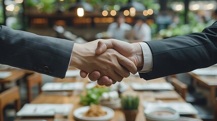 Show a significant moment in culinary business development from above, where entrepreneurs shake hands over detailed plans for restaurant expansion, complete with financial forecasts.