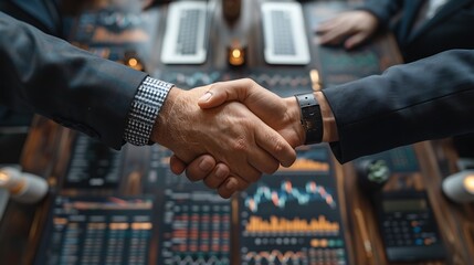 Show a significant technology merger scene from above, where executives shake hands over a table filled with multi-layered plans for technological integration.