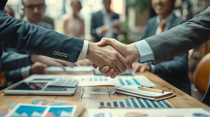 Visualize a top view close-up of sports agents and athletes shaking hands over a table strewn with contracts and colorful endorsement deal charts, symbolizing a pivotal moment in sports management.