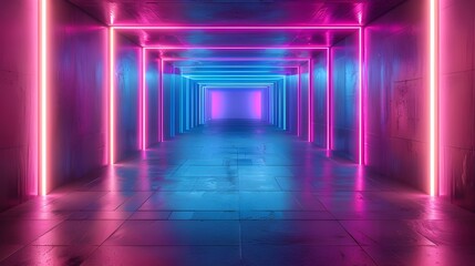 Vibrant Neon Background Glowing Purple Blue Pink Violet Path Track Gate Entrance Sci Fi Futuristic Virtual Reality Dark Tunnel Concrete Grunge 