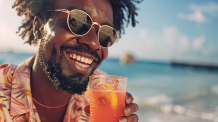 Happy african american man in sunglasses drinking cocktail on the beach. Summer vibes.