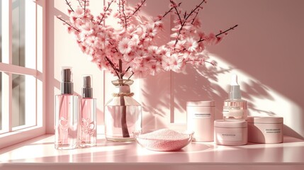 Chic pink vanity table accessorized with a pink bowl and a lotion bottle for an elegant beauty setup