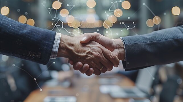 Visualize a top view close-up of telecommunications leaders shaking hands over a table displaying detailed network expansion blueprints and subscriber growth charts. - Powered by Adobe