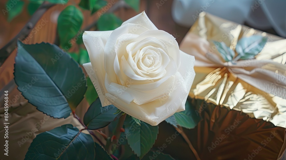 Sticker A stunning white rose accompanied by a gilded gift box perfect for Valentine s Day or a wedding