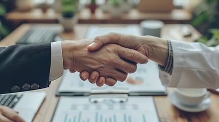 Capture an aerial shot of a medical partnership agreement, with doctors' hands clasped over detailed investment charts and statistical reports.